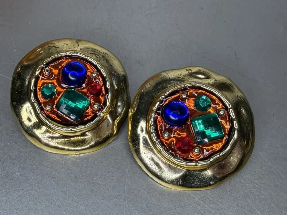 Vintage Gold Tone Jeweled Runway Large Statement Earrings Round Pierced 80s